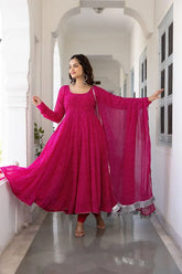 Floral Printed Knee Length Elbow Length Sleeves Round Neck Kurti And Palazzo Set With Net Dupatta-HFXMA-A4-PINK